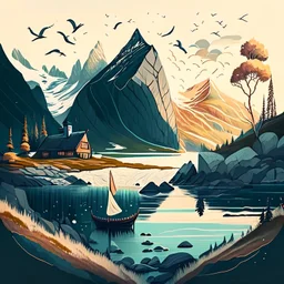 Generate an illustration of a Norwegian landscape in a unique, artistic style, drawing inspiration from the natural beauty of Norway for creative imagination.