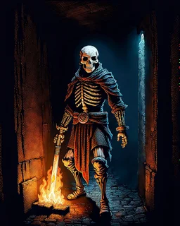 A frightening castle dungeon hallway with a skeleton warrior in rusty chainmail holding a burning torch painterly rpg art