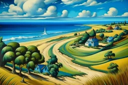 A blue beach near a farmland painted by Thomas Hart Benton