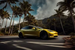 A Tesla's 'Model S Plaid' is drifting at top speed, amid the 'Jurassic Park' jungle. CINEMATIC. WIDE ANGLE LENS. PHOTO REAL.