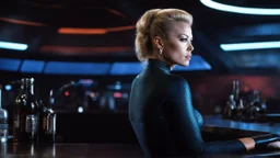 [Star Trek] Seven of Nine's gaze is intense, she sits on the bar. she wears seven of nine iconic tight outfit.