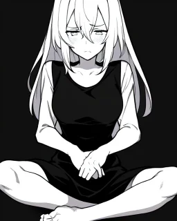 numb, sad, black and white, anime girl sitting with full black background