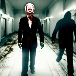 Ultra realistic image, joe biden zombie, zombie performance, skull, grey glow eyes. green blood, torn arm, night, walking twisted, waist up view, thriller style, dark ambient, highly detailed, White House background, concept art, unreal engine 5, god rays, ray tracing, RTX, lumen lighting, ultra detail, volumetric lighting, 3d, finely drawn, high definition, high resolution.