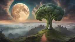A moon that looks like a happy origin head broccoli above a landscape, a kid in a ragged dress looks up in the distance, fog, and intricate background HDR, 8k, epic colors, fantasy surrealism, in the style of gothic