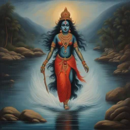 An oil painting of goddess Kali crossing a lake