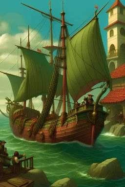 Illustrate a D&D 5e scene featuring "The Salty Serpent," a two-masted master merchant ship set in a tropical coastal region. Emphasize the ship's proud and sturdy nautical flair, vibrant and bustling tropical port activities. The illustration should evoke the spirit of maritime adventure and trade suitable for a rulebook.