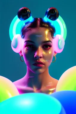 Rosalía artist, Realistic image, natural waist up portrait, perfect eyes, glow, circle iris, eye liner. pigtails hair, spray line make up, glow. lips, gold. big rings piercing, led ornament, pearls. coat, latex, inflatable, hot, led lights, minimal, neon, pink, blue, gold, vibrant color, highly detailed, art stations, concept art, smooth, unreal engine 5, god lights, ray tracing, RTX, lumen lighting, ultra detail, volumetric lighting, 3d, finely drawn, high definition, 4k.