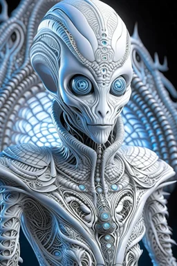 A beautiful alien with big eyes and small nose and mouth wearing a bioluminescense all white zafír wearing biomechanical amalgamation style leather jacket dress ribbed with silver floral metallic filigree biomechanical vantablack pattern, organic bio spinal ribbed detail of gothic winter backround extremely detailed maximalist hyperrealistic portrait art