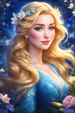 Fair Elsa, with her golden hair and elegant presence, renewed dreams and beauty amidst the spring flowers under the blue night. highly detailed, digital art, beautiful detailed digital art, colorful, high quality, 4k