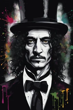 full color, A scary man with long curly black hair, wearing a top hat, black tuxedo and tie, against a black wall with multicolored paint splatter