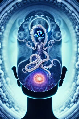 Spiritual being with Tentacles over human Head creating reality around, wrapping Spiral around Human, Psychedelic