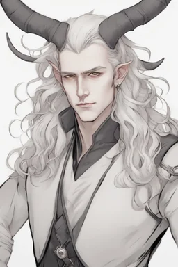 A dnd character portrait, a tiefling man with long hair and long black horns, white eyes and pale skin. Handsome.