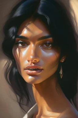 portrait Indian super model cute-fine-face, black hair, pretty face, realistic shaded Perfect face, fine details. realistic shaded lighting by Ilya Kuvshinov Giuseppe Dangelico Pino and Michael Garmash and Rob Rey, IAMAG premiere, WLOP matte print, cute freckles, masterpiece