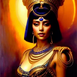 Drawing of beautiful face,busty 'cleopatra',throne,hieroglyphics,balanciaga fashion clothe painting by gaston bussiere, greg rutkowski, yoji shinkawa, yoshitaka amano, tsutomu nihei, donato giancola, tim hildebrandt, oil on canvas, cinematic composition, extreme detail,fit full head inside picture,16k