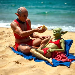 sandy beach scene shows realistic Data from Star Trek and Star Wars' Yoda wearing only a bright red speedo. Yoda, with green wrinkled skin and pointed ears, sits cross-legged while extending his three-fingered hand to feed a wedge of Welsh Rarebit to Data, who reclines on a blue beach towel. Data's pale complexion and yellow skin tone are visible as he receives the food. The beach setting features golden sand, with blue ocean waves visible in the background. Daytime outdoor photography with nat