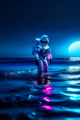 Astronaut in the ocean with neon moon and 8k photo