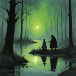 (art by Karoly Ferenczy) Bolotnik and Bolotnitsa: A tale of Bolotnik, the swamp-dwelling creature, and Bolotnitsa, his mysterious counterpart. Maybe they are cursed lovers, forever separated by the murky waters of the bog. Bolotnik, a slimy, amphibious being with glowing eyes, haunted by his lost love, Bolotnitsa, a beautiful but elusive figure, forever just out of reach. Their tragic story unfolds in the misty marshes, where ancient magic and sorrow intertwine.