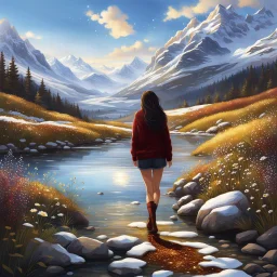 country side ,blue sky , snow on mountains, pretty clouds ,small rocky river with clear water small rocks in floor,wild flowers,beautiful Snow White, long shiny black curvy hair, wearing a burgundy sweater with the word Azerbeyjan written on it, in gold, work clothes, standing, super realistic Fairy lights, intricate detail, texture, depth, vividness, movement, namex, energy, bioluminescence, stunning, epic, ultra-detailed, 8K photography by Miki Asai Macro, close-up, extremely detailed, po