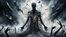 Abstract surreal scene of a human soul in conflict a caracter dissolving into shadows and fog, body torn into shards of light and darkness. Shapes twist and melt like oil paint, forming ghostly hands and distorted faces emerging from the fog. The background is a blur of noise, chaotic patterns and faceless crowds, symbolizing the indifferent outside world. A haunting, dreamlike composition that captures isolation, inner demons, struggle of anxiety. surreal, atmospheric