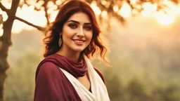 Hyper Realistic Close-up-view of a Beautiful-Young-Happy-Pashto-Woman-with-beautiful-eyes-Smiling with-white-dress-with-maroon-shawl & breeze-whirling in a jungle-with-tall-trees & cloudy-sunset-&-sun-rays showing dramatic & cinematic ambiance