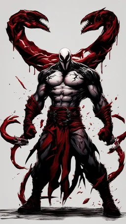 A close picture of Venom symbiote as ghost of Sparta red tattoos and Clothes, holding blade of choice