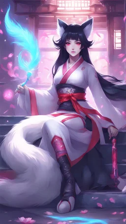 A close hot picture of Ahri with black hair and Japanese Clothes and nine White fox tail with neon glowing in fantasy world