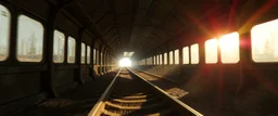 ai thinks there are train tracks inside the train, get inside the rabbit train in the style of Rembrandt and Fallout 4, with motion blur and volume fog and sun rays and lense flare