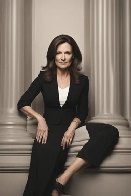 Powerful classical portrait of a modern brunette politician in her late 40s wearing a dark top a little zoomed out