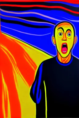 Close copy of Edvard Munch's The Scream but with the screaming man holding his face and him clearly wearing an Everton football shirt