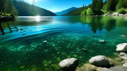 Capture a shot of a crystal-clear lake glistening in the sun, The water should be calm and mirror-like.