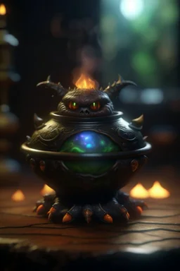 nightmare, cauldron with shining sigil and containing a slightly alien furball gremlin in it, prize winning oil painting, ,bokeh like f/0.8, tilt-shift lens 8k, high detail, smooth render, down-light, unreal engine