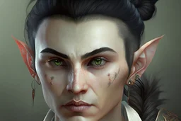 A Fantasy elf, a white male with black hair tied up in a bun, a scarred left eye.