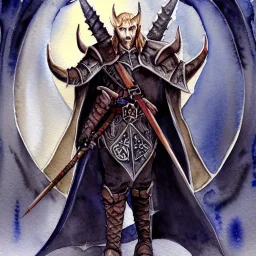 dnd, fantasy, watercolour, portrait, ilustration, elf, dark lord, armour, satanic