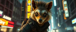fast cyberpunk weasel rasta man with cute fur, in big cyberpunk city, in the style of fallout 4, with motion blur and volume light