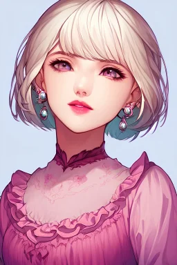 1girl, blonde hair, dress, earrings, jewelry, lips, lipstick, short hair, looking away, looking to the side, makeup, pink dress, pink lips, solo, upper body, white hair