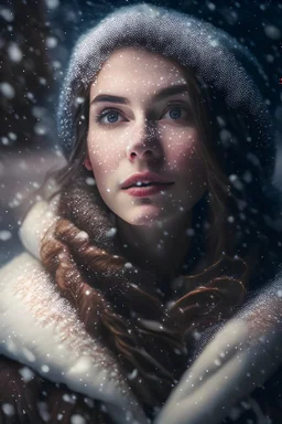 Produce a Realistic Professional Photography style image that appears as though it was taken during a cinematic moment. Achieve a high level of detail and photorealism in an image of an enchanting woman adorned in winter attire, surrounded by softly falling snowflakes. Capture the essence of a serene December evening with subtle hints of Christmas magic. The image should capture the intricate details of the scene. Ensure the final images exhibit the utmost quality, encompassing 4K, 8K, resolutio