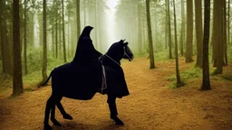 Dark robed wizard on a horse in the forest