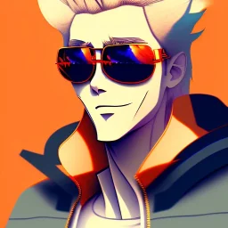 a man with blonde hair wearing sunglasses and an orange jacket, a character portrait by Miyazaki, featured on pixiv, rayonism, toonami, official art, anime