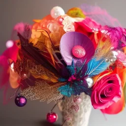 delicate bouquet of lace pearls and feathers, chiaroscuro, vivid colors, festive colors, dramatic lighting, beautiful composition, aesthetic layout