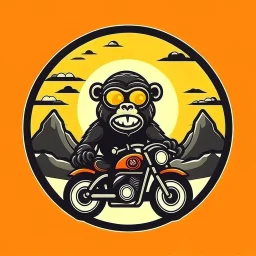 Monkey riding a mopped motorcycle with sunglasses and a big smile, have a mountain sunset on the background, make a round logo