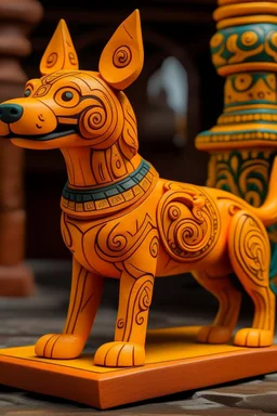 A yellowish orange colored sound elemental dog designed in Mayan architecture painted by Zosan