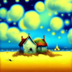 Dibujo al oleo de una casa en la playa con gaviotas con nubes con estilo de Vincent van Gogh