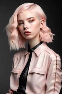 Pale pink Hair fashion model wearing a smocked leather top