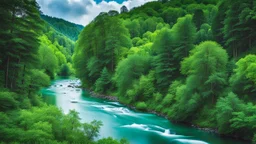 A peaceful scene of a river flowing through a lush, green forest. The Green Water is calm, and the surrounding trees and bushes create a picturesque, natural environmen.