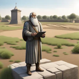 Archimedes, the renowned mathematician and inventor, stands tall upon a weathered stone in front of a vast field marred by a failing irrigation system. In his hands, he holds a smartphone, a device of unparalleled computational power that has bridged the gap between antiquity and the present day.