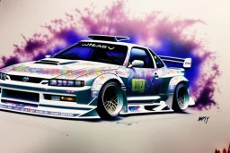 a true-to-life 1998 nissan silvia k's rocket bunny, centered, intricate, extreme detailed, photorealism, center view, city background, pivot on nissan, pen and color marker, painting by cheryl kelley