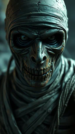 Busch painting style nightmare, a zoomed 3/2 view of the mummy by his face skin is a rusted broken metallic skin texture in a 3d rendering full-height image of a grim and dark scene. Ensure the final images exhibit the utmost quality, encompassing 4K, 8K, and 64K resolutions, with 3D rendering that manifests in photorealistic, hyperrealistic, and highly detailed representations. Employ techniques such as HDR, UHD,