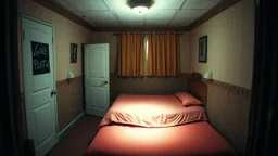 inside a cheap, sleazy motel room, bright light, empty room, grainy candid photograph, crime scene, documentary style, bright flash photography