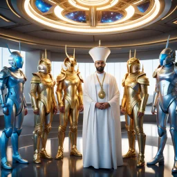 (masterpiece, best quality, 8k, RAW photo, beautiful and aesthetic:1.2), complex detail, Indirect light, photorealistic, (((full body))), Meeting of a group of Cosmic male gods smiling, Mixed, sci-fi, spiritual and cyborg outfit with golden futuristic artifacts, white, blue and silver elements- Inside a great room of a flying saucer with a round hublot showing a galactic sunset