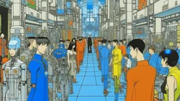 An illustration by Kuniyoshi and and Picasso of a tech people walking inside a futuristic matrix world.